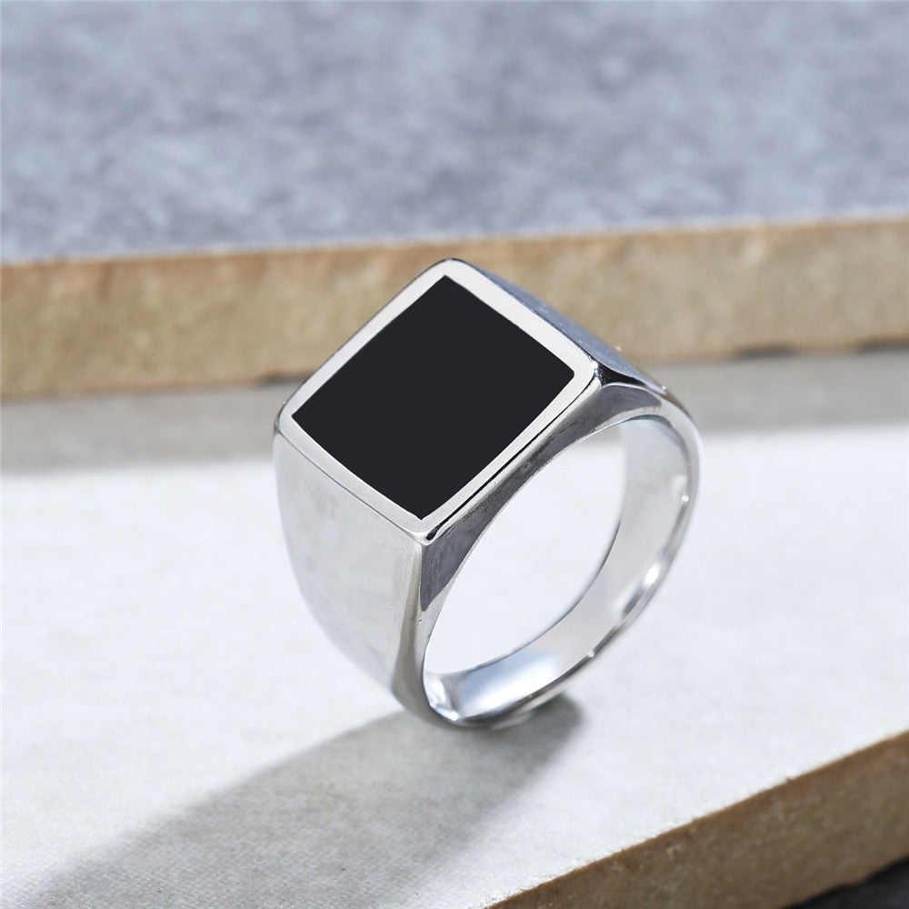 Fashionable European and American Square Black Titanium Steel Men's Ring