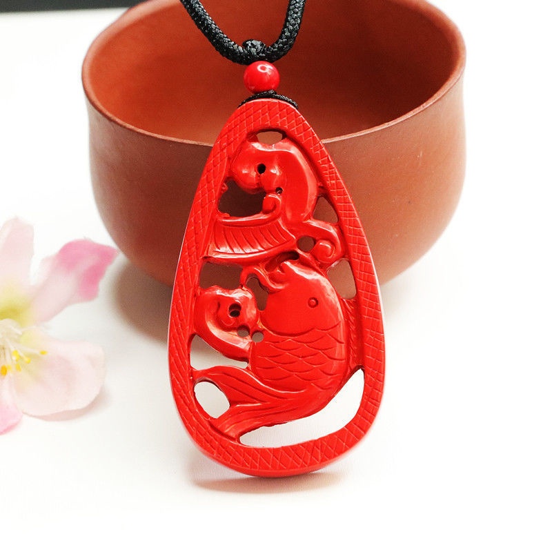 Elegant Vermilion Sand Fish Pendant with Cinnabar Stone