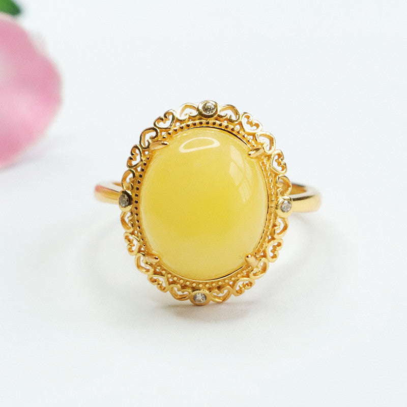 Love Hollow Sterling Silver Adjustable Beeswax Amber Ring