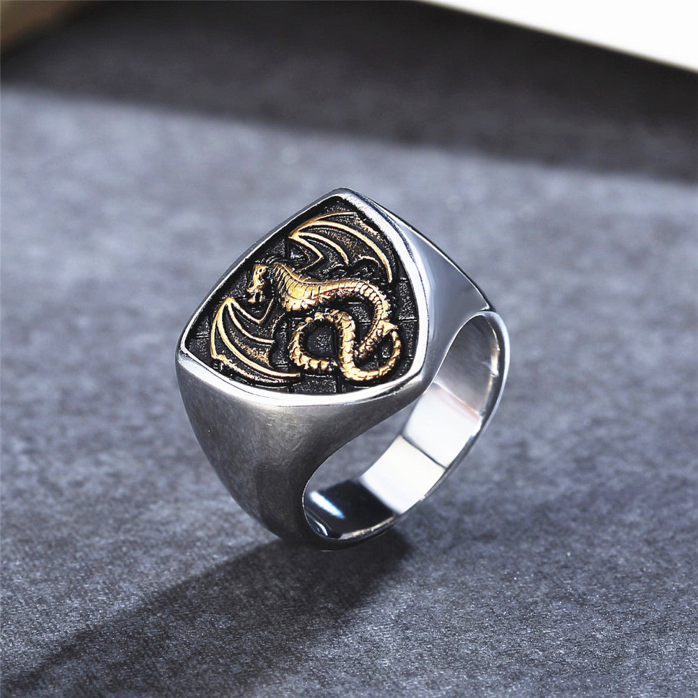 Flying Dragon Pattern Shield Titanium Steel Ring for Men