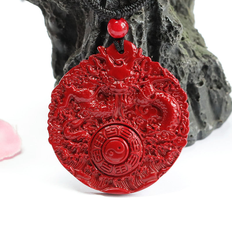 Dragon Bagua Sterling Silver Pendant with Cinnabar Stone - Prosperity and Protection Symbol