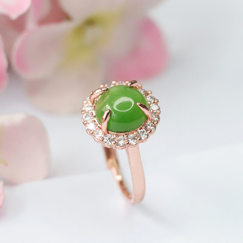 Elegant Hotan Jade and Round Russian Jasper Gemstone Ring