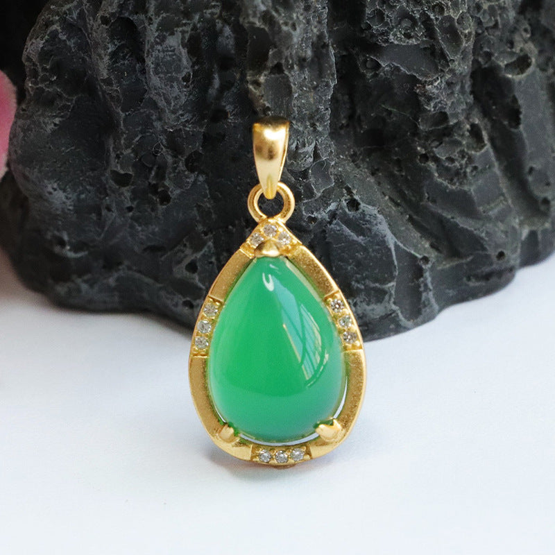 Sterling Silver Necklace with Green Chalcedony Droplet Pendant