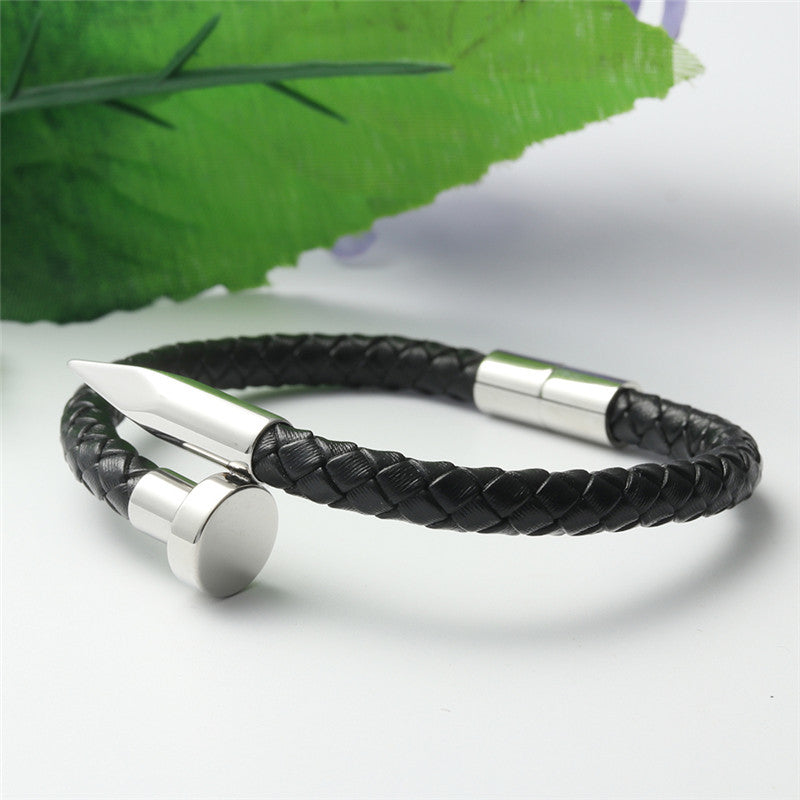 Punk-Inspired Titanium Steel Round Nail Bracelet for Men and Women - Stylish Woven Leather Accessory