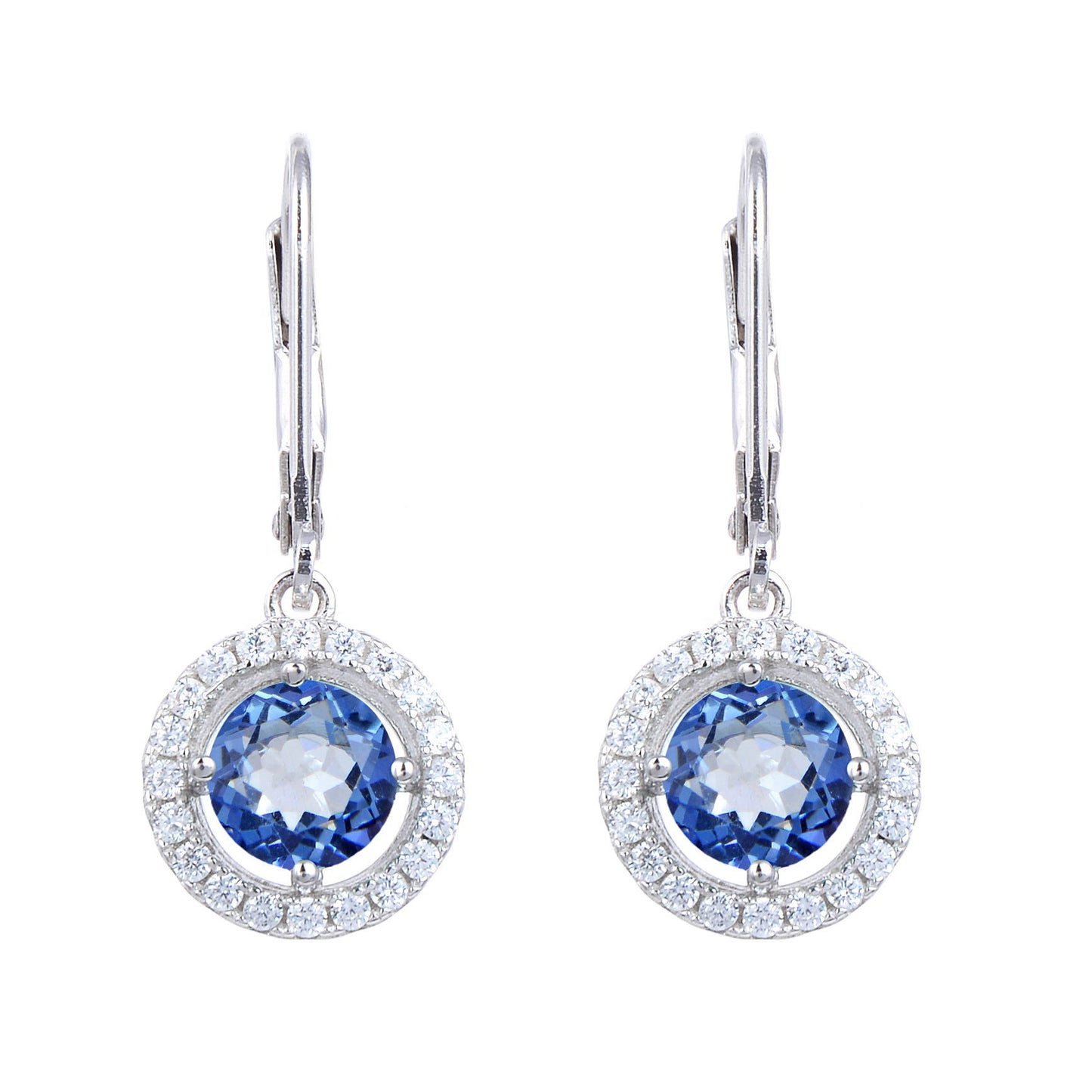 Soleste Halo Round Cut Natural Gemstone Silver Drop Earrings