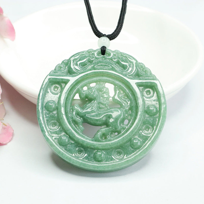 Myanmar Grade A Jade Horse Carving Hollow Round Pendant for Luck and Abundance