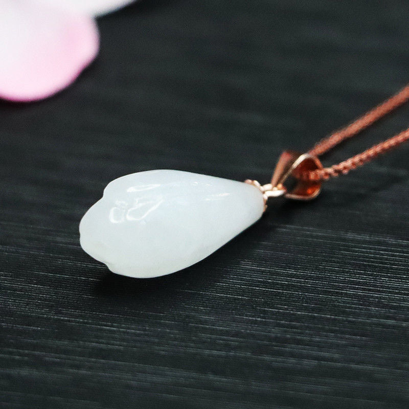 Elegant Hetian Jade Silver Magnolia Pendant Necklace