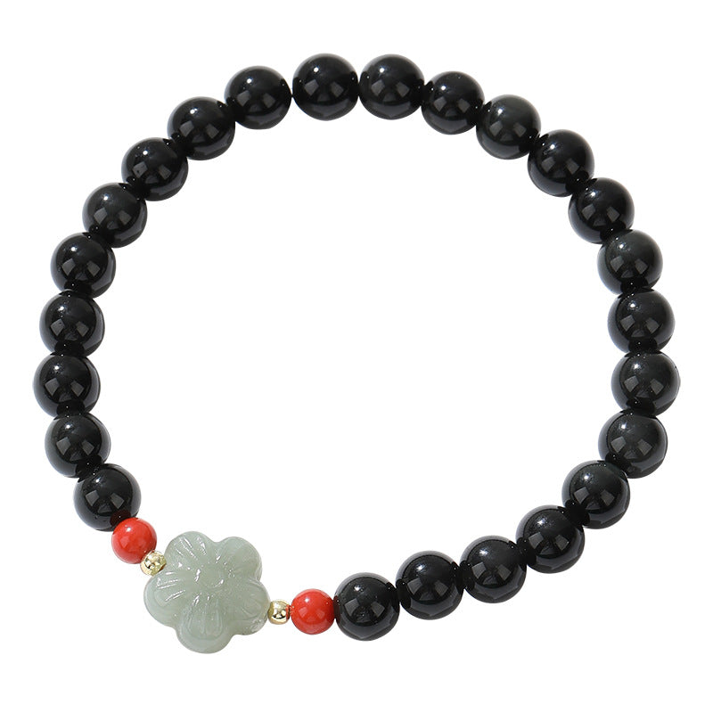 Obsidian Sakura Beaded Bracelet for Men and Women with Sterling Silver Details