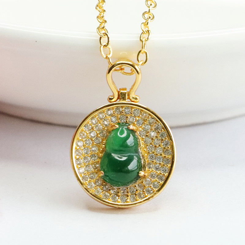 Imperial Green Jade Gourd Necklace with Zircon Pendant in Sterling Silver