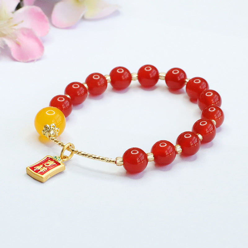 Red Agate and Yellow Chalcedony Sterling Silver Bracelet