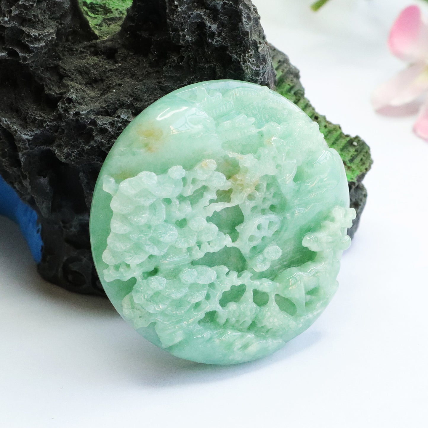 Exquisite Round Jade Pendant Featuring Full Green Relief Landscape - Fortune's Favor Collection