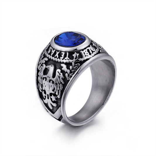 Navy-Inspired Stainless Steel Eagle Ring for Men, Punk Style Titanium Army Ring with Zircon Accents, Wholesale Available