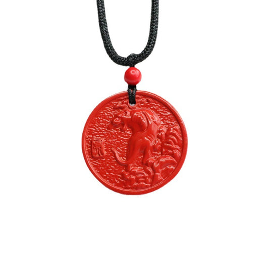 Red Sand Round Cinnabar Zodiac Tiger Sterling Silver Pendant