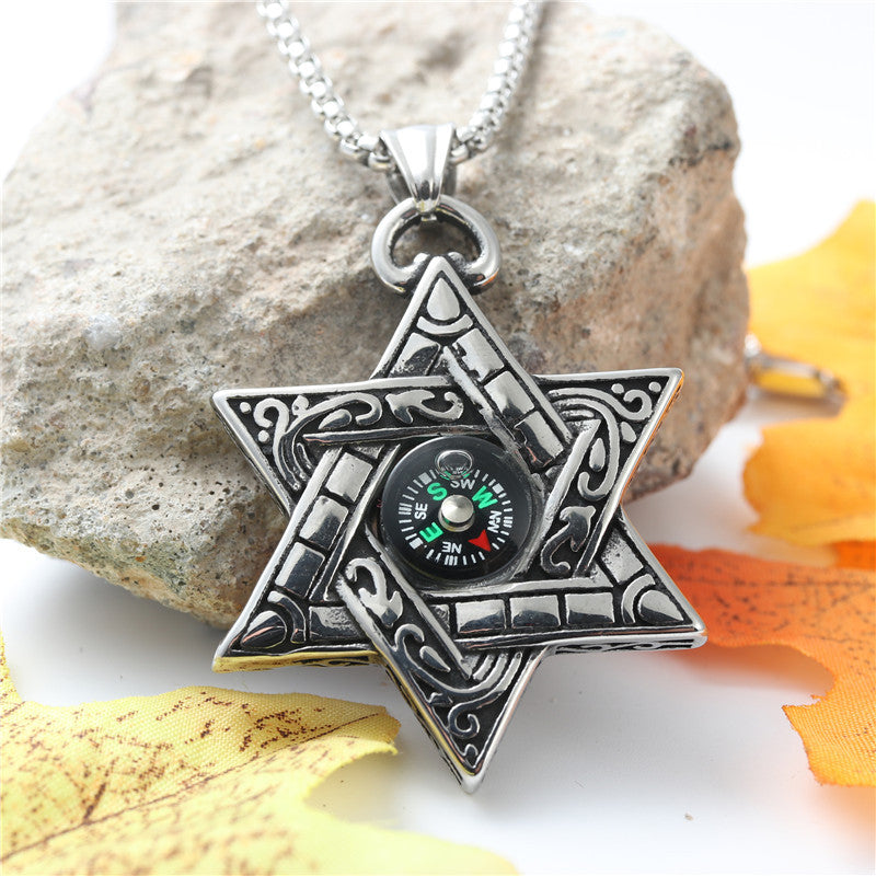 Trendy Men's Titanium Steel Hexagram Compass Pendant Necklace