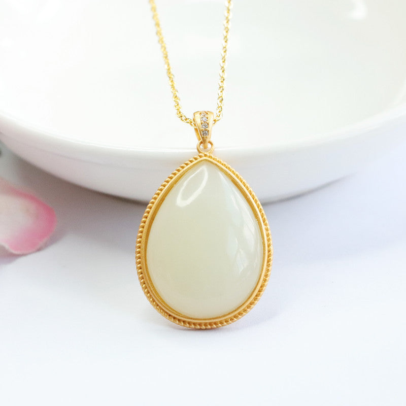 Droplet White Jade Necklace with Sterling Silver Pendant