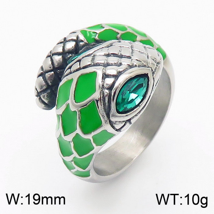 Stylish Green Eye Snake Ring for Men - Trendy Simian-Inspired Titanium Steel Design