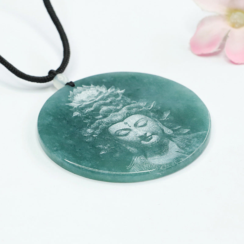 Carved Green Jade Guanyin Round Pendant