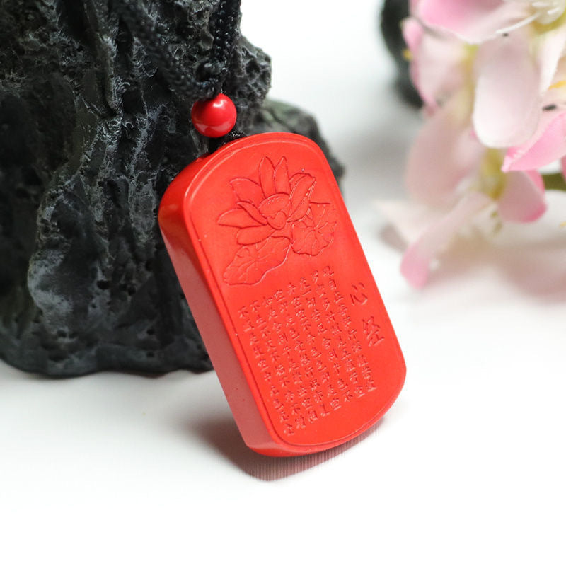 Vibrant Vermilion Heart Sutra Lotus Pendant with Red Sand Accent