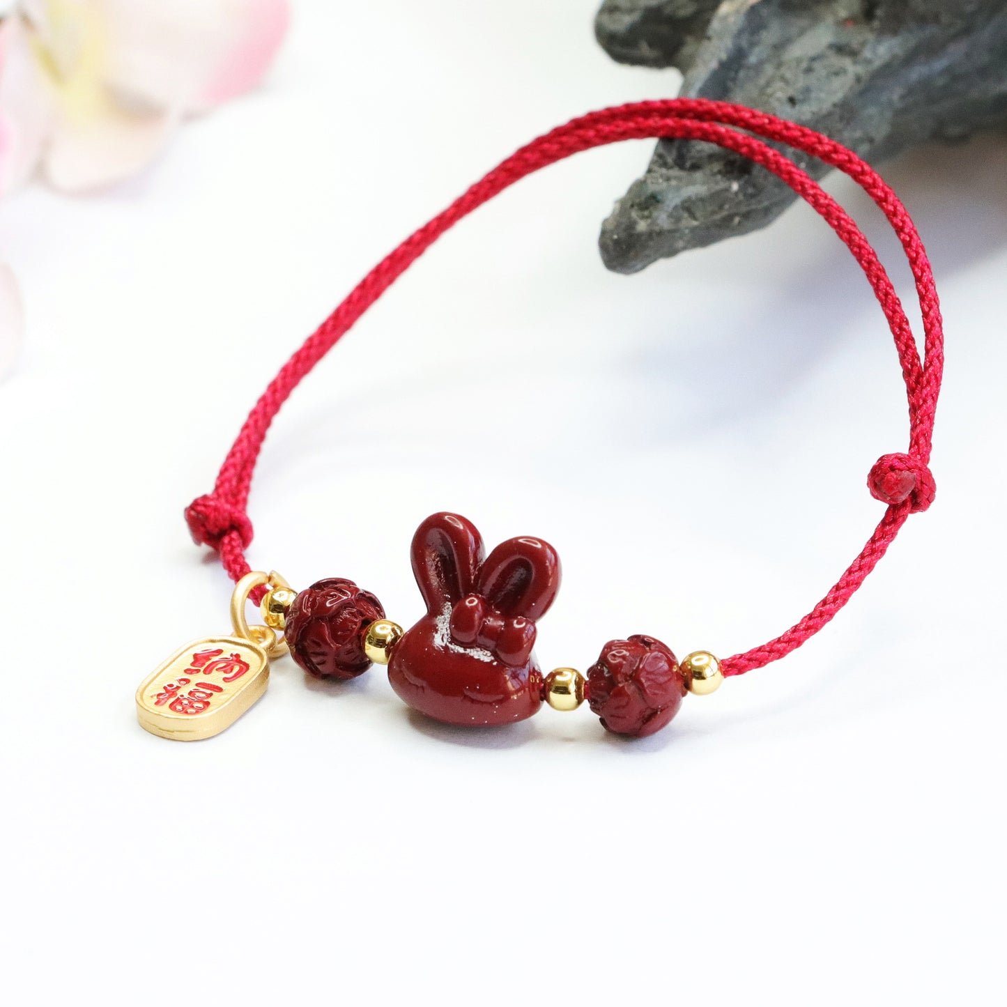 Rabbit and Lotus Cinnabar Stone Red Rope Bracelet