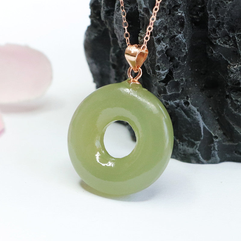 Natural Hetian Jade Lake Green Jade Sterling Silver Necklace with Hollow Circle