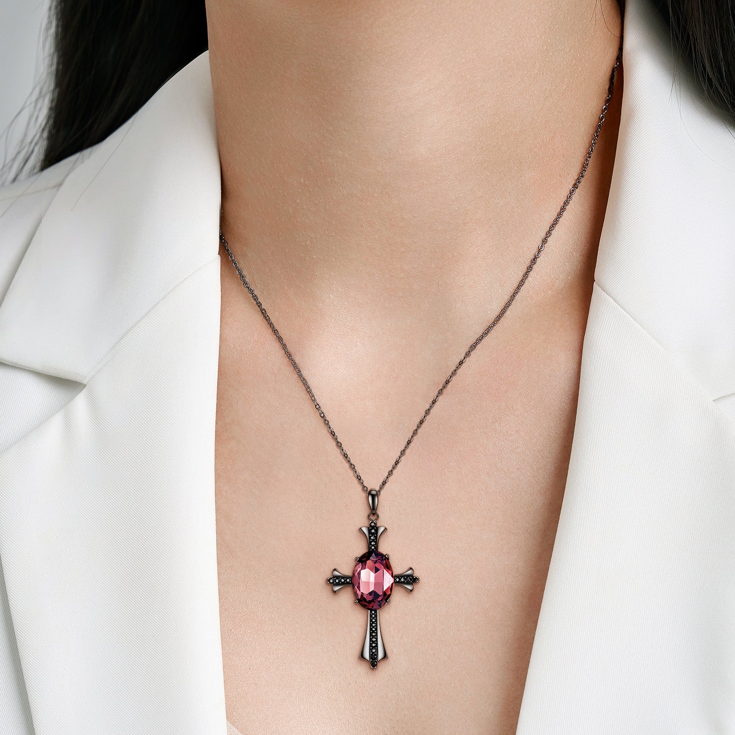 Black Cross Oval Red Zircon Silver Pendant