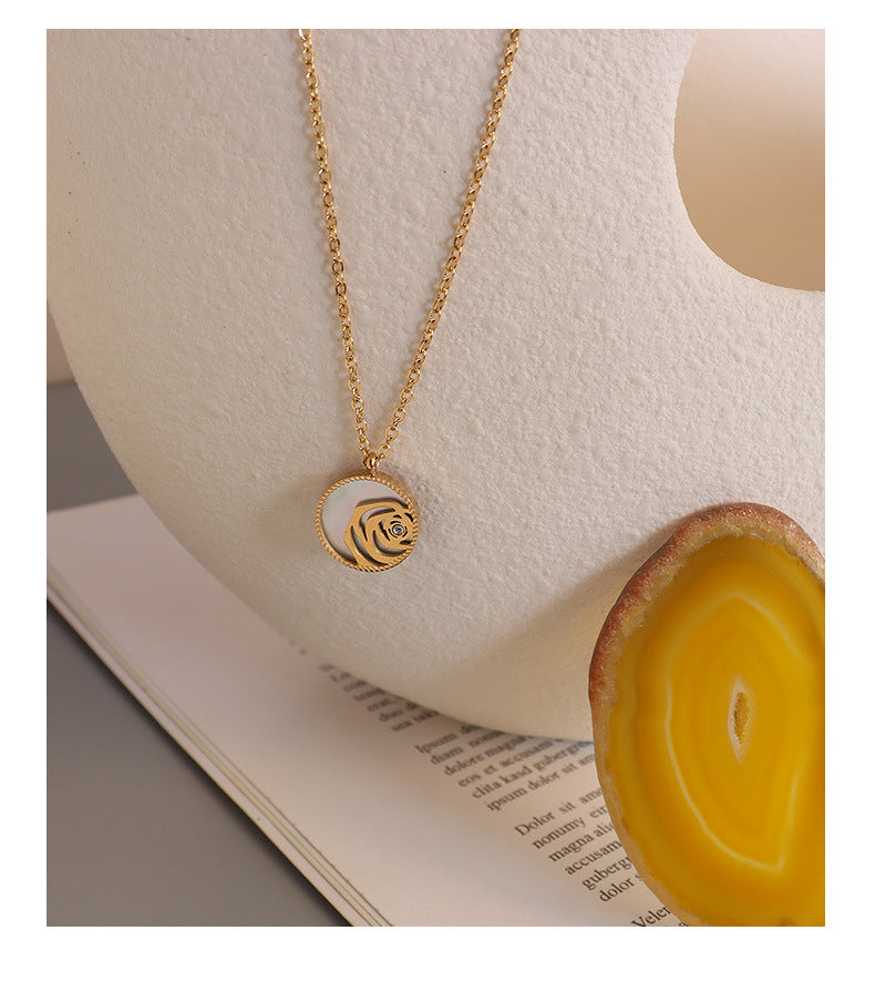 French Retro Rose Shell Zircon Pendant Necklace - 18K Gold-Plated Titanium Steel Jewelry