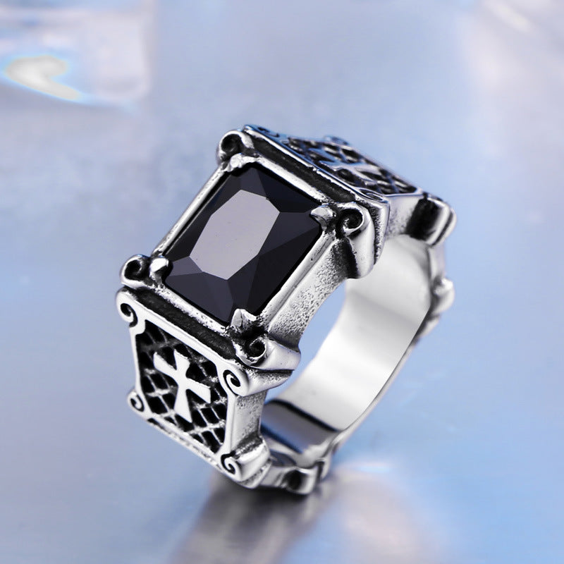 Trendy Retro Men's Thai Silver Ring with Titanium Steel and Zircon Inlay