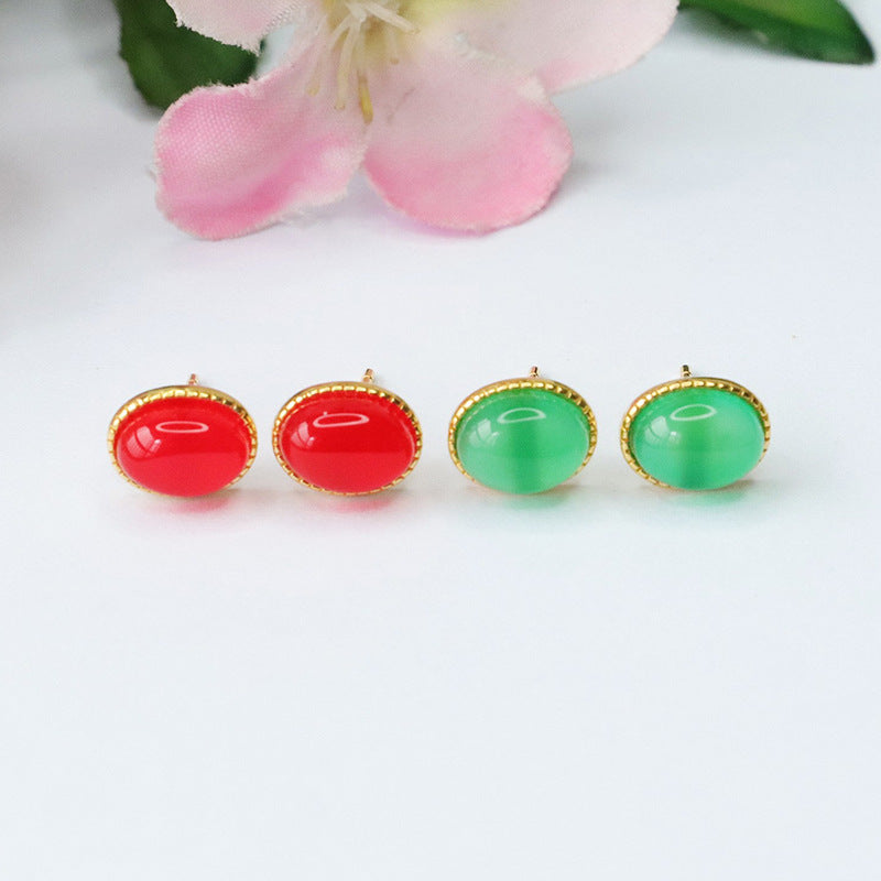 Green and Red Agate Stud Earrings with Sterling Silver Needles