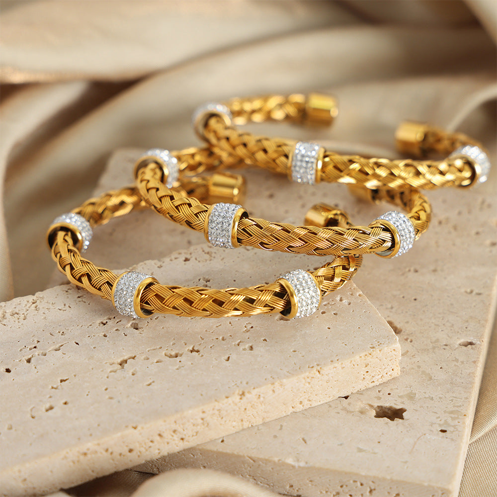 Glamorous Gold-Plated Open Bracelet with Zircon Embellishments