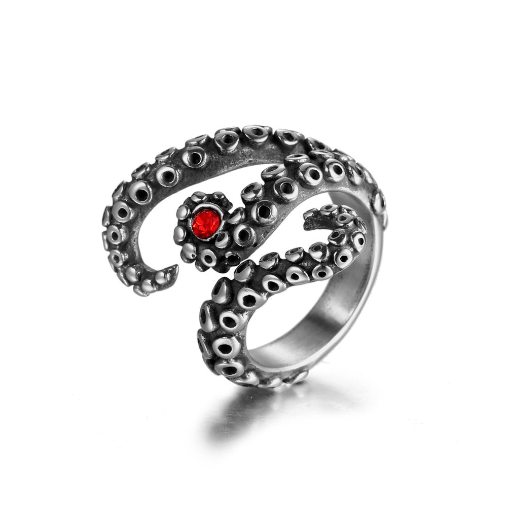 Personalized Retro Octopus Titanium Steel Ring for Couples with Red Zircon - European and American Style