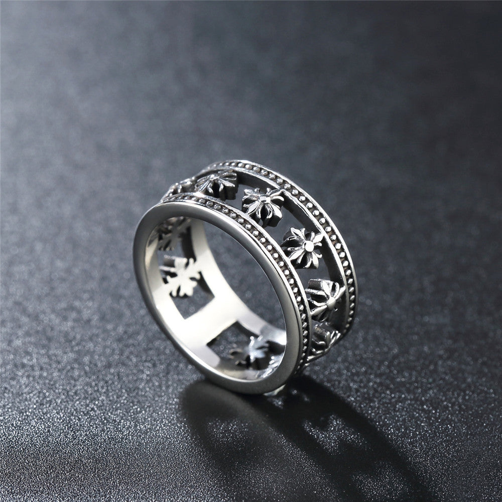 Hollow Row of Cross Flower Titanium Steel Ring for Men