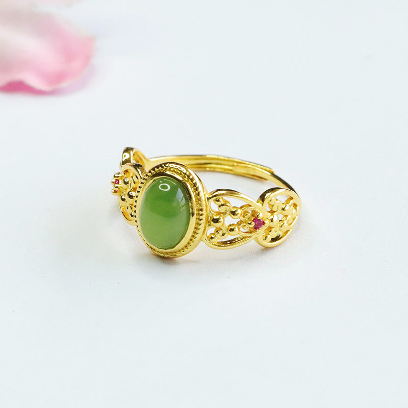 Exquisite Hetian Jade and Jasper Sterling Silver Hollow Ring