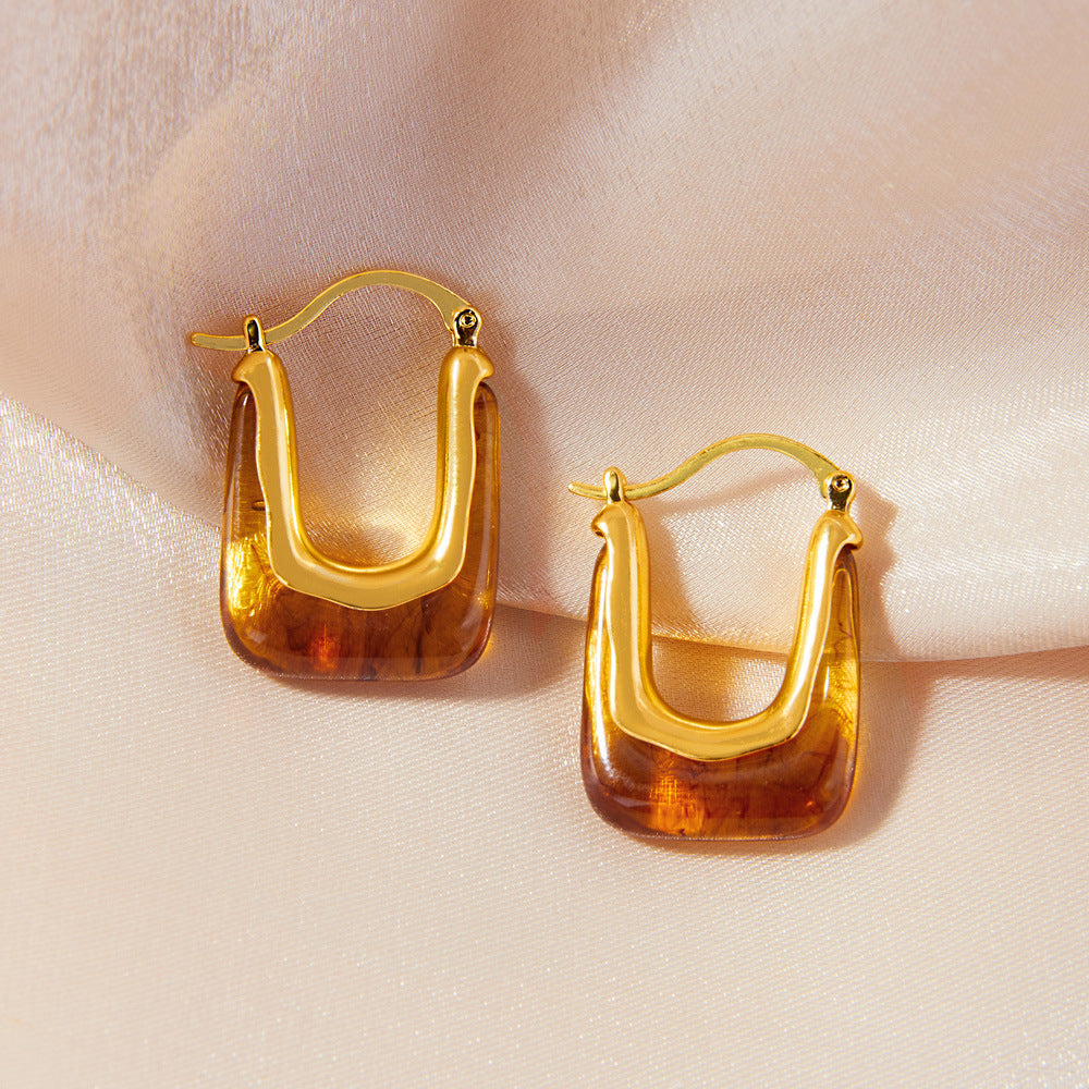 Retro Chic Copper U-Shaped Earrings with Personalized Resin Design