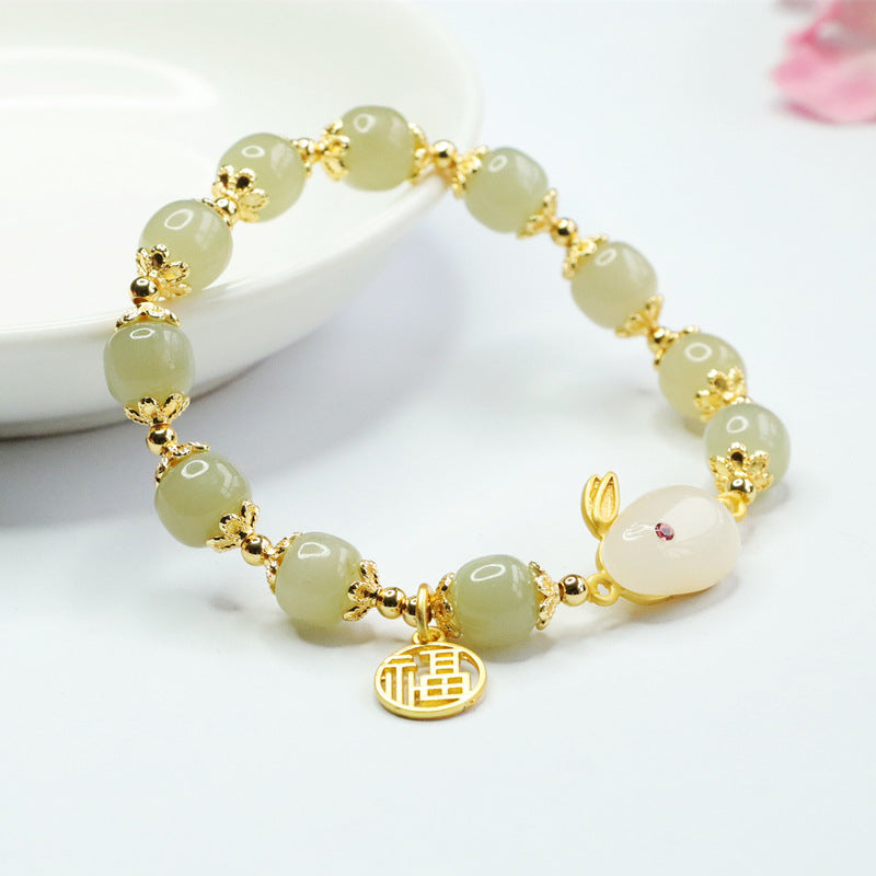 Fortune's Favor Sterling Silver Rabbit Fu Jade Bracelet