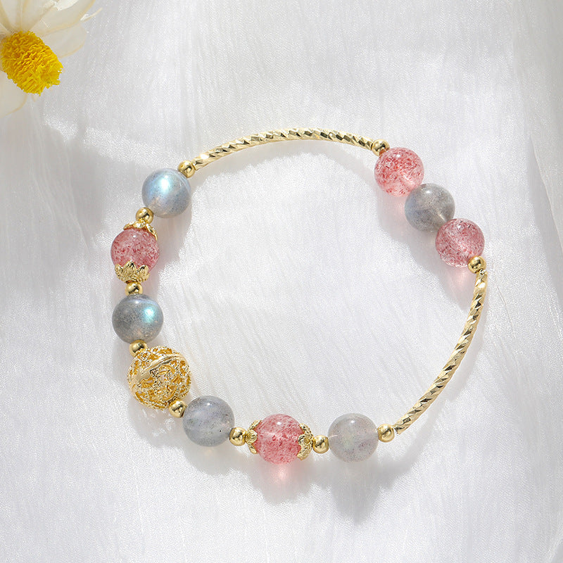 Strawberry Crystal Moonlight Stone Bracelet for Women - Romantic Peach Blossom Hollow Ball Lover's Day Gift