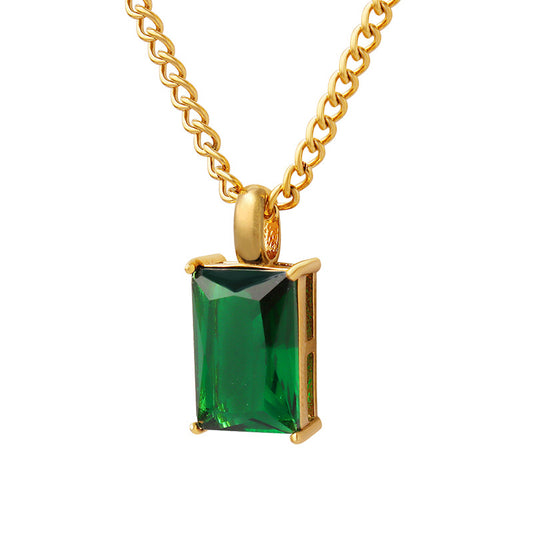 Emerald Zircon Square Pendant Necklace - Elegant Titanium Steel Design