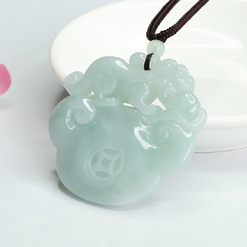 Good Luck Charm Burmese Jade Pendant with Sterling Silver Pixiu Detail