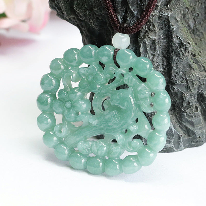 Joyful Magpie Jade Pendant with Floral Carving in Blue-Green Hollow Round Pendant