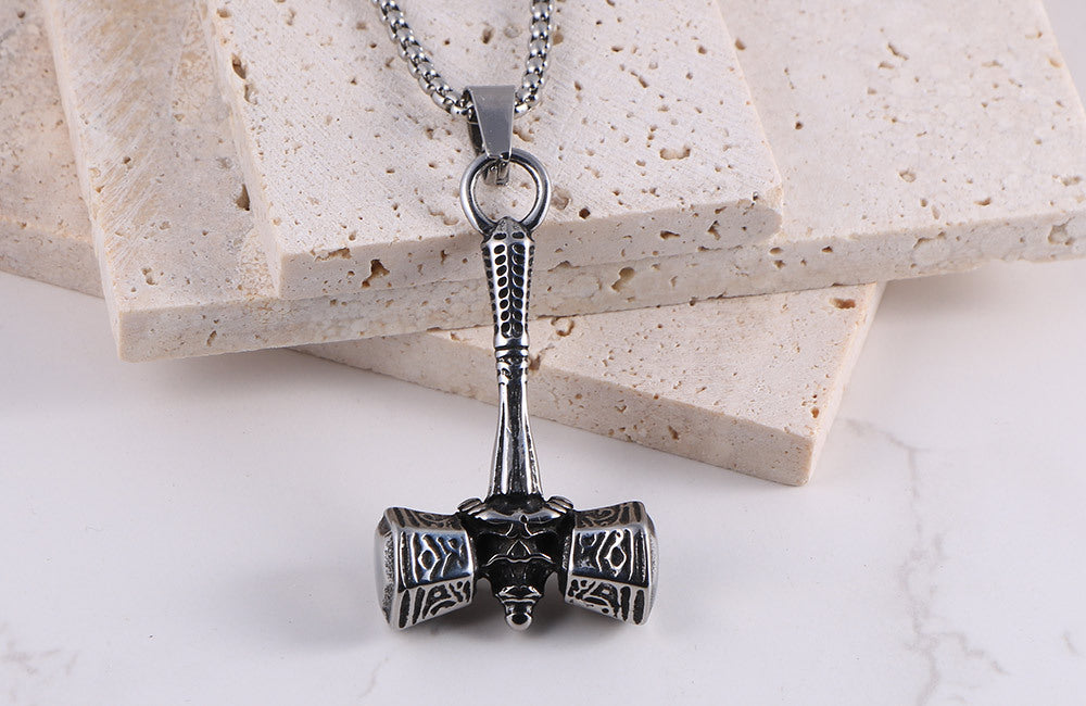 Thor War Drum Hammer Pendant - Retro Titanium Steel Necklace for Trendy Men