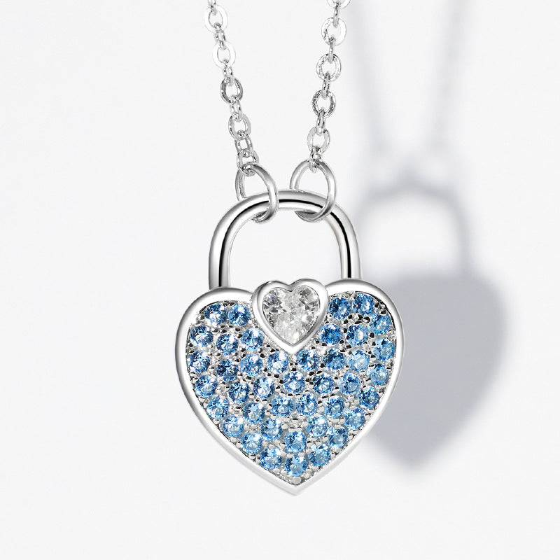Heart Shape Lock Pendant Blue Zircon Sterling Silver Necklace