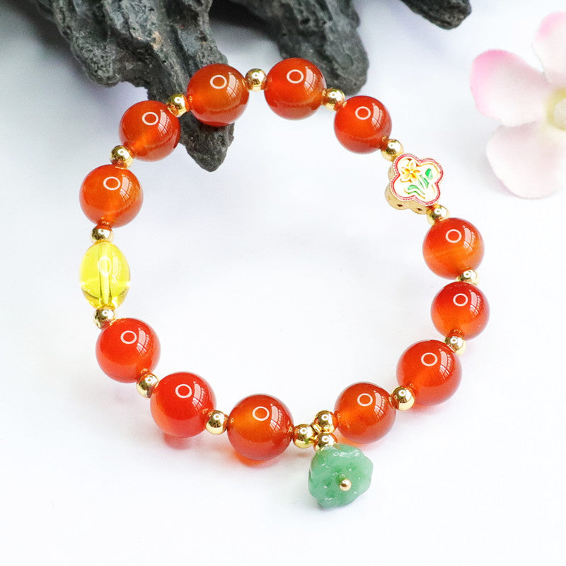 Red Agate and Jade Lotus Tassel Bracelet with Colorful Chalcedony