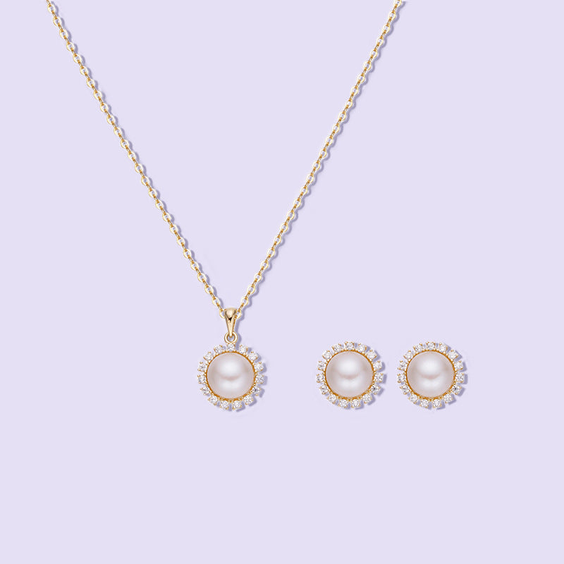 Zircon Halo Round Pearl Silver Necklace Earrings Set