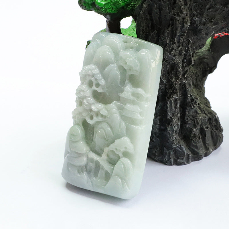 A-grade Jade Pendant with Thick Landscape Carving and Sterling Silver Needle