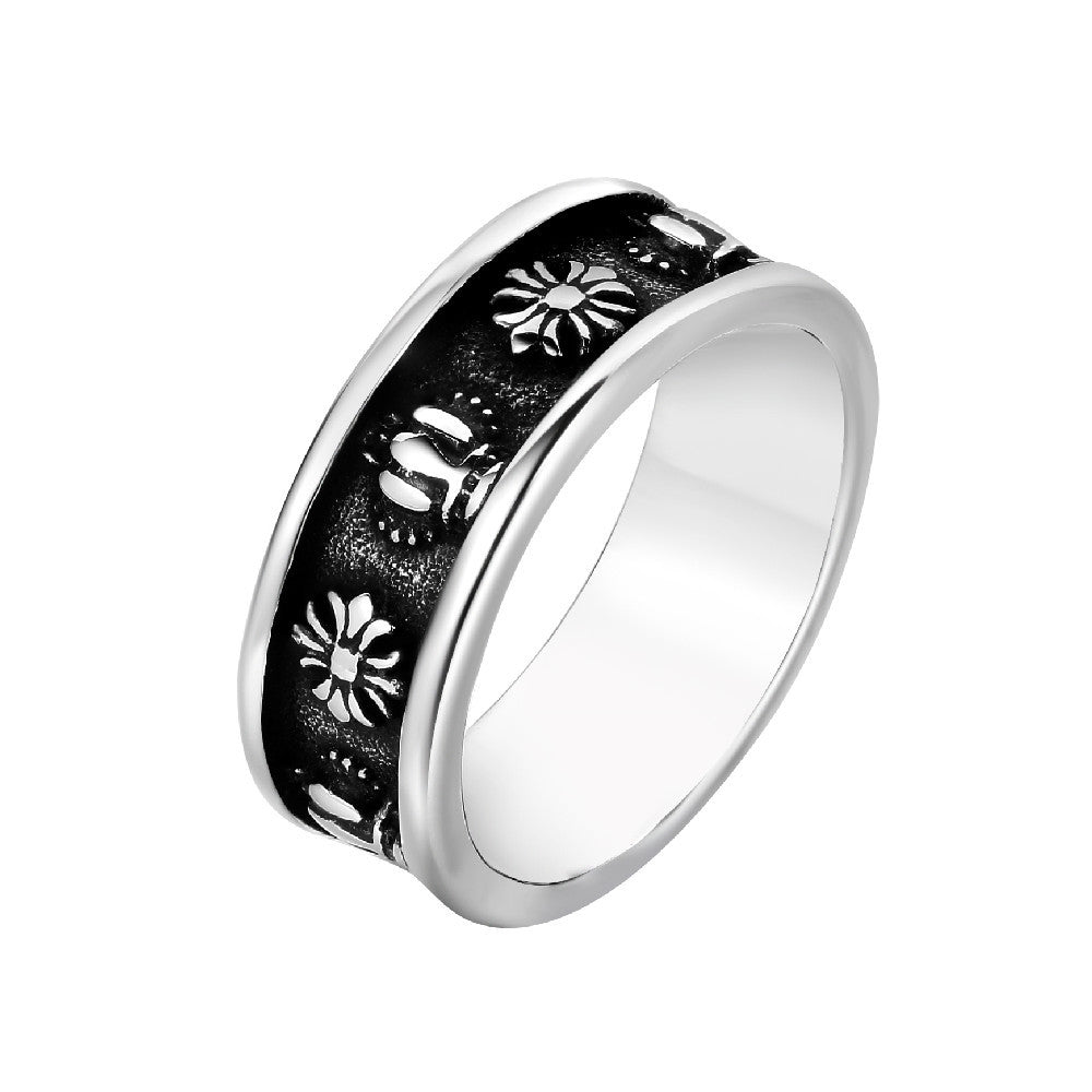 Cross Flower and Crown Grooved Titanium Ring in For Men