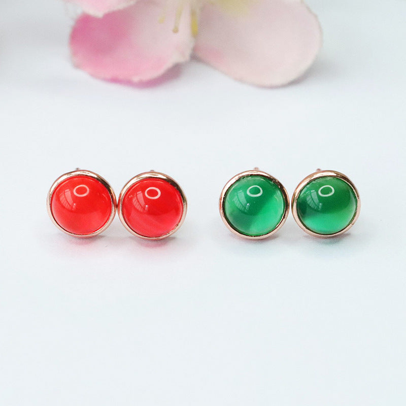 S925 Sterling Silver Green and Red Agate Stud Earrings