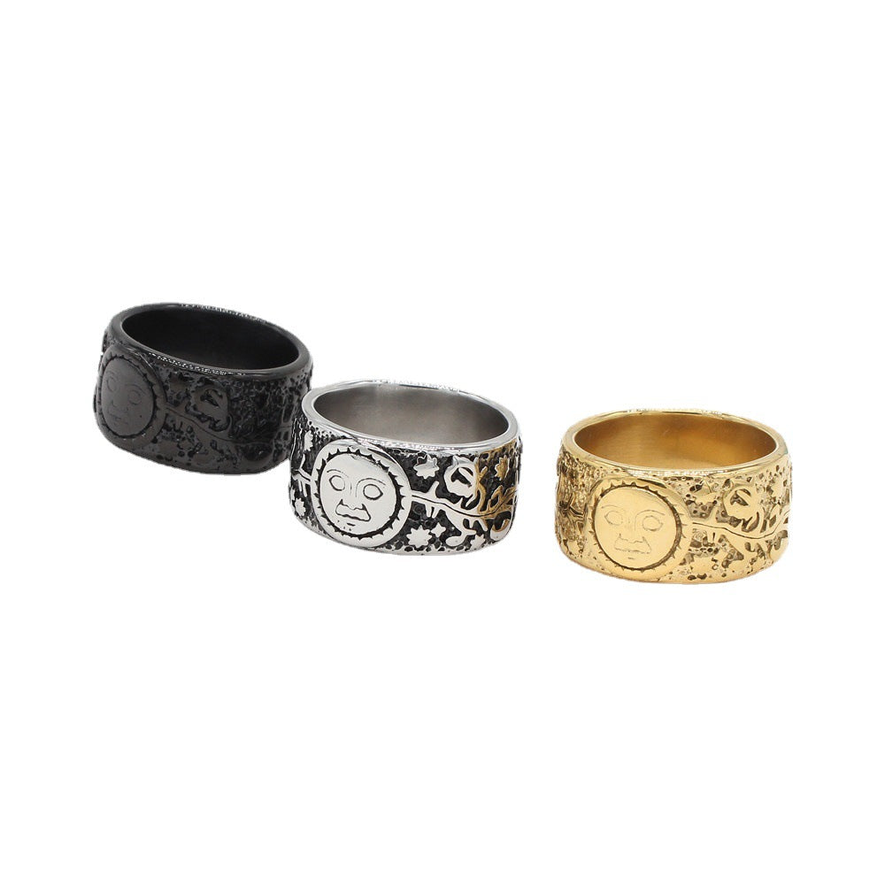 Retro European and American Punk Sun Moon Men's Titanium Steel Ring