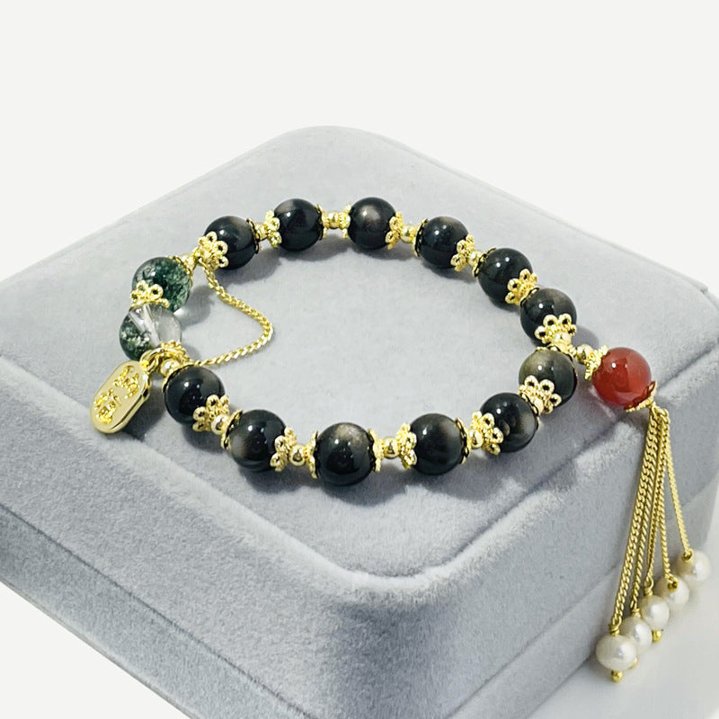 Elegant Chinese Style Sterling Silver Crystal Obsidian Beaded Bracelet with Tassel Pearl