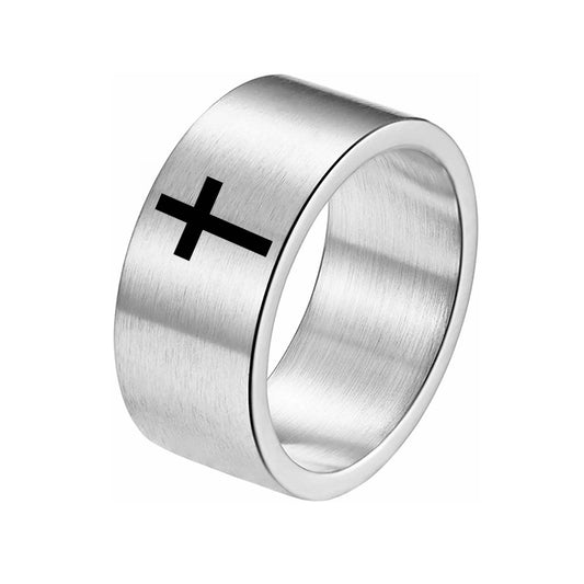 European American Titanium Steel Men's Cross Ring with Sand Face Brush Finish