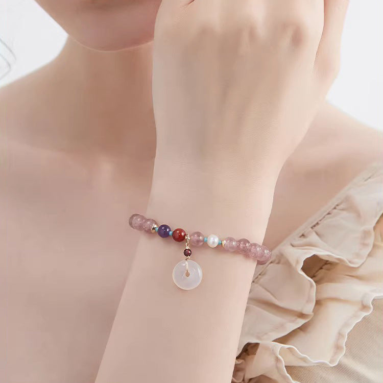 Elegant Ping An Buckle Bracelet for Women with Peach Blossom and Strawberry Crystal Beads