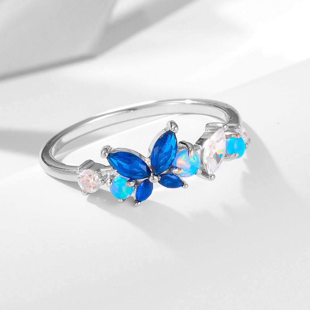 Opal and Zircon Butterfly Slim Sterling Silver Ring